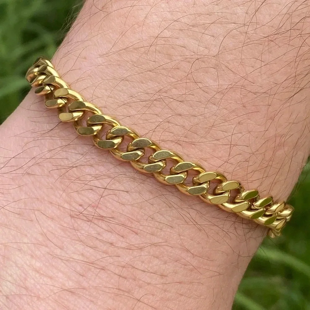 316L Gold Tone Stainless Steel Men’s 2mm Curb Chain Bracelet NEW